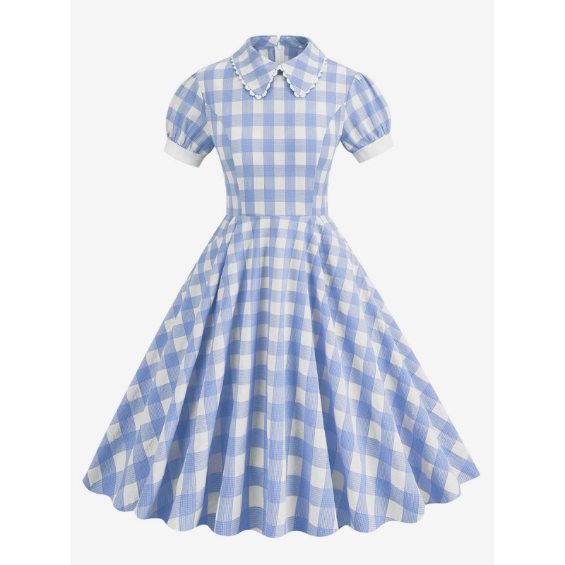 Women Barbie Pink Gingham Dress 1950s Audrey Hepburn Style Plaid Short Sleeves Dress Vintage Retro Spring Summer