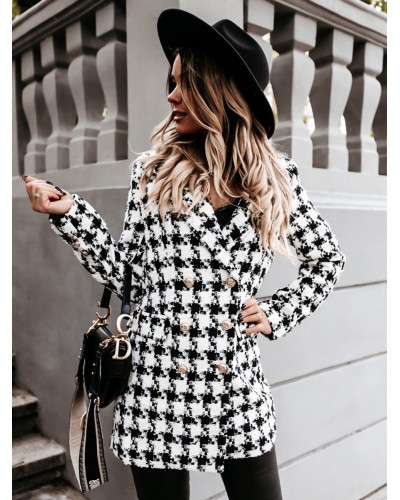 Coat For Woman Blue Turndown Collar Long Sleeves Buttons Plaid Maxi Coat Chic  Modern Casual