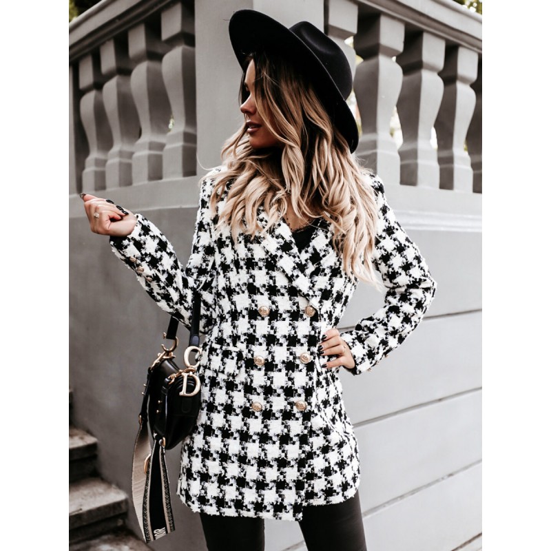 Coat For Woman Blue Turndown Collar Long Sleeves Buttons Plaid Maxi Coat Chic  Modern Casual