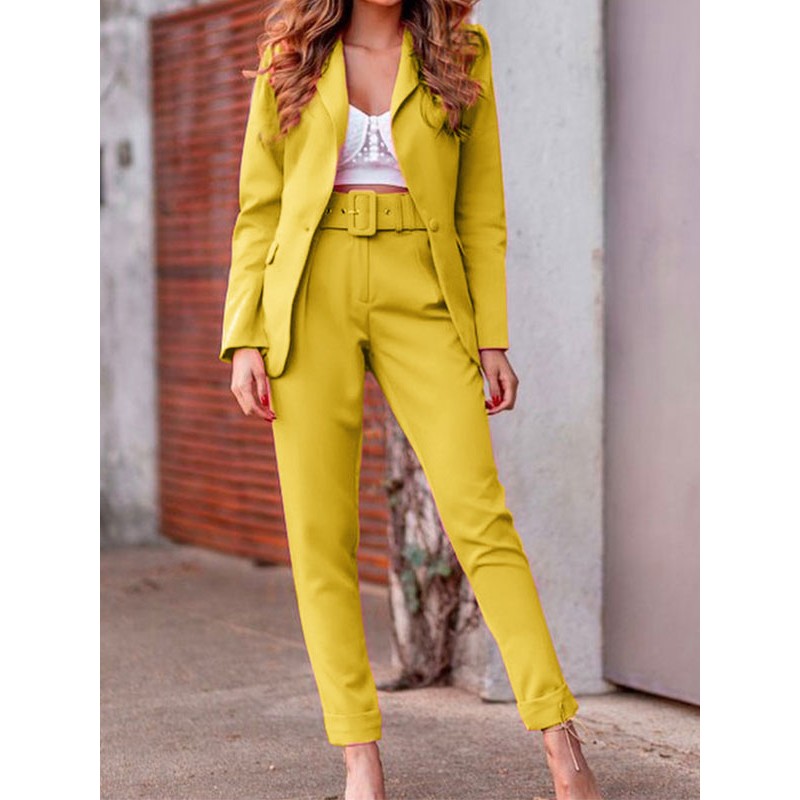 Women Pink Two Piece Sets Long Sleeves Turndown Collar Outfit Casual Spring