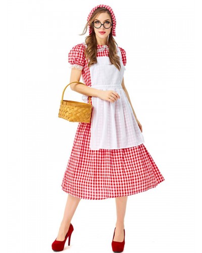 Retro Medieval Scotland Dress Women's FakeTwo Pieces Red Garden Floral Plaid Dress Fashion Patchwork Prairie Chic Sukol Dress Maid Mardi Gras Halloween