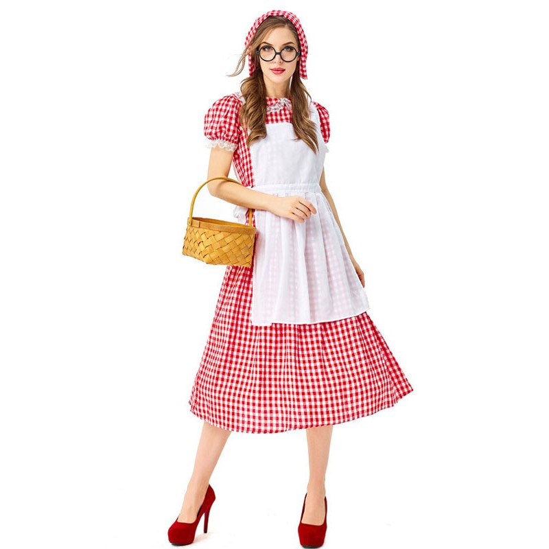 Retro Medieval Scotland Dress Women's FakeTwo Pieces Red Garden Floral Plaid Dress Fashion Patchwork Prairie Chic Sukol Dress Maid Mardi Gras Halloween