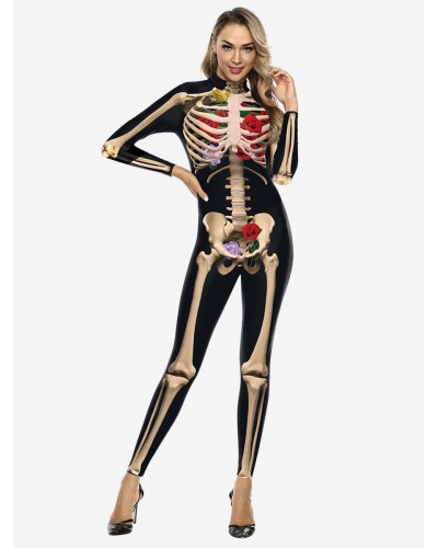 Women Halloween Jumpsuit Black Scary Skeleton Halloween Jumpsuit Lycra Spandex Catsuit Zentai