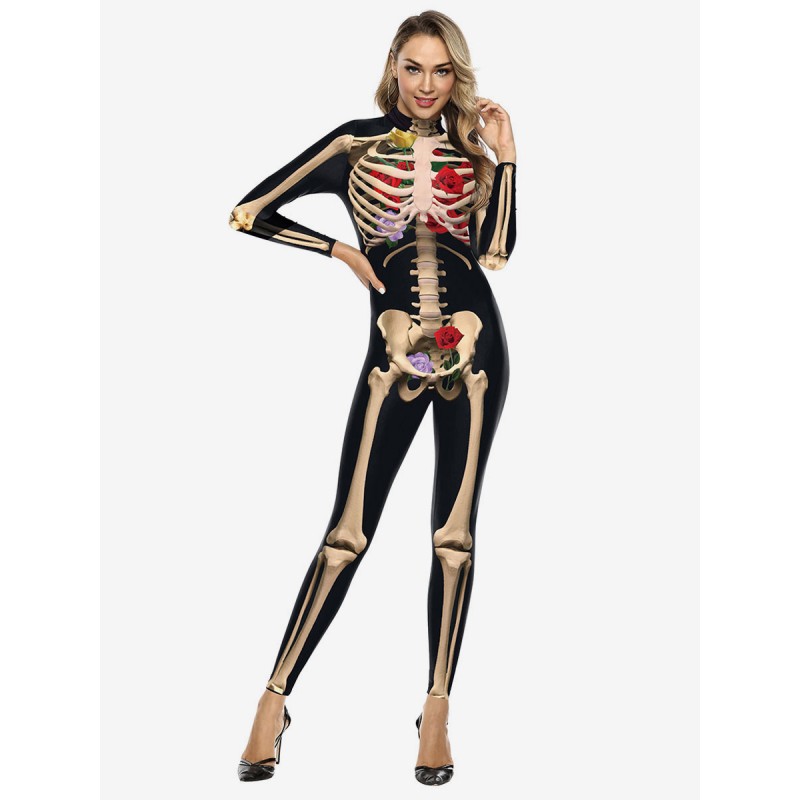 Women Halloween Jumpsuit Black Scary Skeleton Halloween Jumpsuit Lycra Spandex Catsuit Zentai