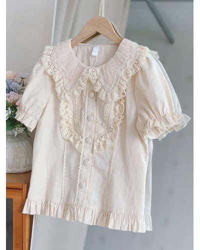 Lolita Lolita Top Ruffles Short Sleeves Blouse Light Apricot Lolita Shirt Blouses Sweet Daily Casual Tea Party