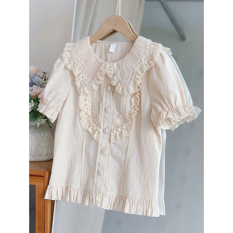 Lolita Lolita Top Ruffles Short Sleeves Blouse Light Apricot Lolita Shirt Blouses Sweet Daily Casual Tea Party