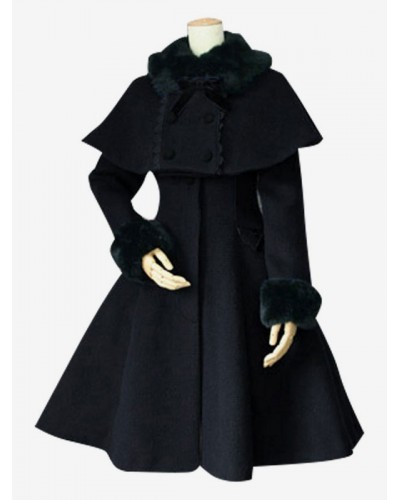 Sweet Lolita Black Wool Turndown Collar Long Sleeve Slim Fit Detachable Lolita Cape Coat Daily Casual