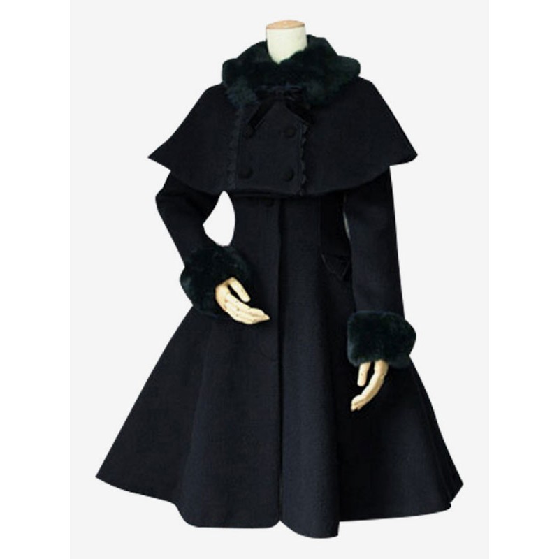 Sweet Lolita Black Wool Turndown Collar Long Sleeve Slim Fit Detachable Lolita Cape Coat Daily Casual