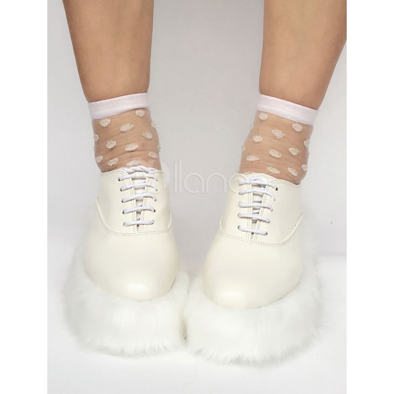 Sweet Lolita Shoes Ivory Faux Fur Sole Lace Up Lolita Pumps