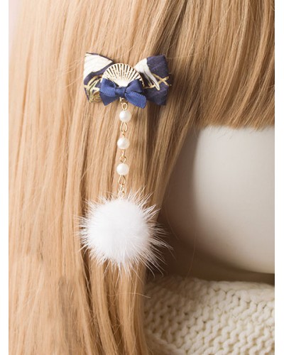 Lolita Hairpin Pom Pom Pearl Bow Fan Blue Lolita Hair Accessory Kimono