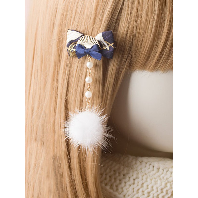 Lolita Hairpin Pom Pom Pearl Bow Fan Blue Lolita Hair Accessory Kimono