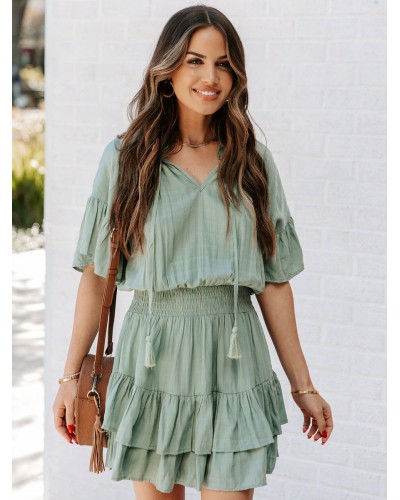 Skater Dresses V-Neck Green Sexy Short Sleeves Flared Dress Summer Beach Resort Wear