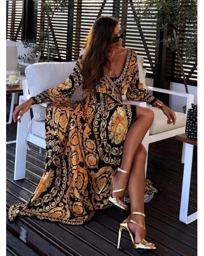 Boho Maxi Dresses Long Sleeves Printed V-Neck Slit Long Dress For Women Bohemian