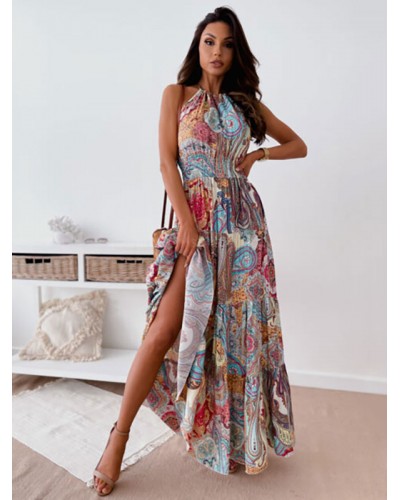 Maxi Dresses Blue Sleeveless Floral Printed Jewel Neck Backless Floor Length Dress Resort Wear