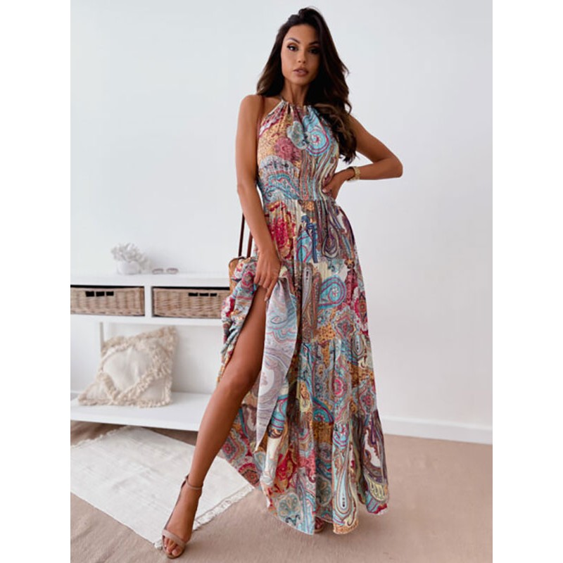 Maxi Dresses Blue Sleeveless Floral Printed Jewel Neck Backless Floor Length Dress Resort Wear