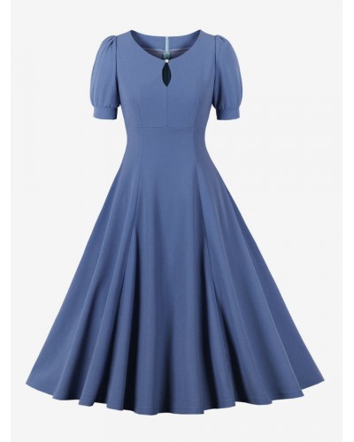 Women Dress 1950s Audrey Hepburn Style V-Neck Buttons Short Sleeves Knee Length Swing Dress Vintage Daily Casual