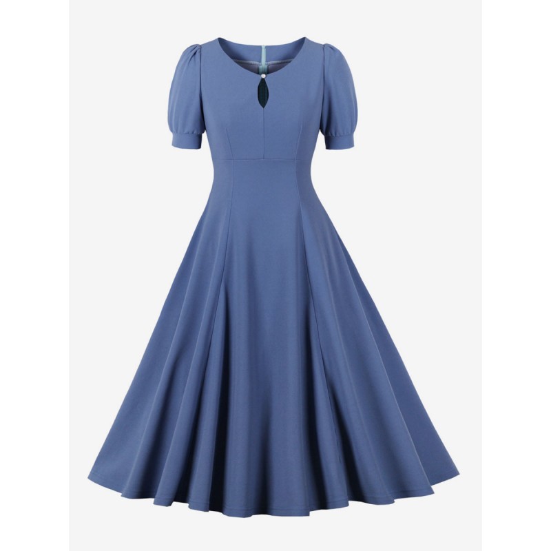 Women Dress 1950s Audrey Hepburn Style V-Neck Buttons Short Sleeves Knee Length Swing Dress Vintage Daily Casual