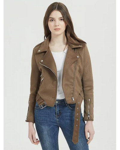 Women Jacket Turndown Collar Pockets Suede Moto Fall Winter Street Wear Daily Casual Field