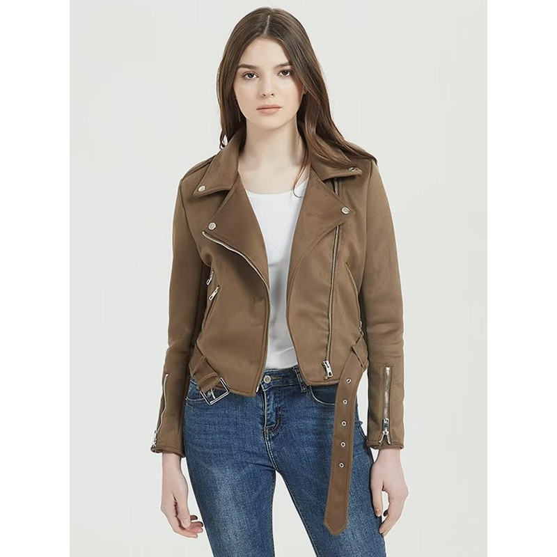 Women Jacket Turndown Collar Pockets Suede Moto Fall Winter Street Wear Daily Casual Field