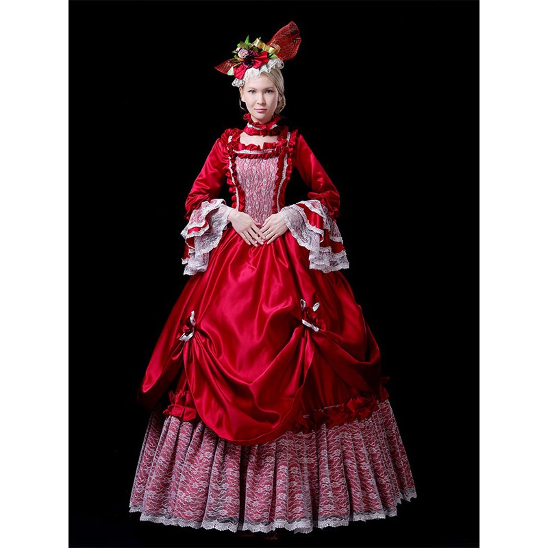 Women Red Retro Costumes Lace Polyester Dress 's Marie Antoinette Costume 18th Century Costume Tunic Vintage Royal