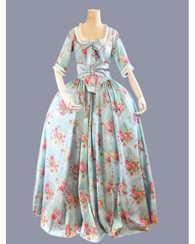 Women Green Costumes 's Floral Print Ruffles Bows Polyester Dress Marie Antoinette Costume Party Prom Dress Tunic Retro