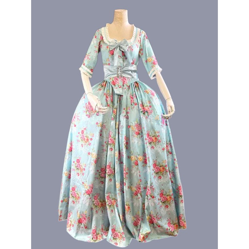 Women Green Costumes 's Floral Print Ruffles Bows Polyester Dress Marie Antoinette Costume Party Prom Dress Tunic Retro