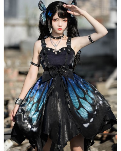 Gothic Lolita Butterfly JSK Dress Blue Sleeveless Lace Up Ruffles Bow Polyester Casual Lolita Jumper Skirt