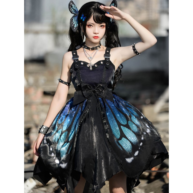 Gothic Lolita Butterfly JSK Dress Blue Sleeveless Lace Up Ruffles Bow Polyester Casual Lolita Jumper Skirt