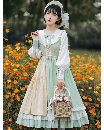 Lolita OP Dress Green Polyester Long Sleeve Bowknot Ruffle Lolita One Piece Dresses Sweet Spring Summer Daily Casual