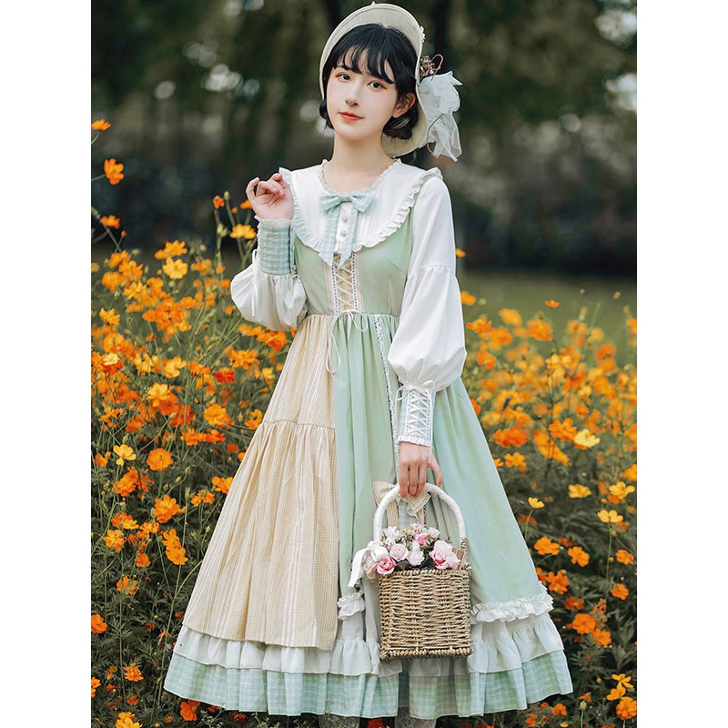 Lolita OP Dress Green Polyester Long Sleeve Bowknot Ruffle Lolita One Piece Dresses Sweet Spring Summer Daily Casual