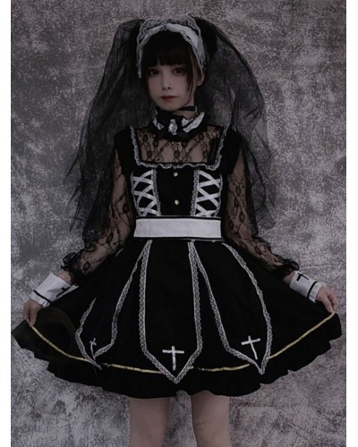 Gothic Lolita OP Dress Black Long Sleeves Lace Polyester Lolita One Piece Dress Outfit