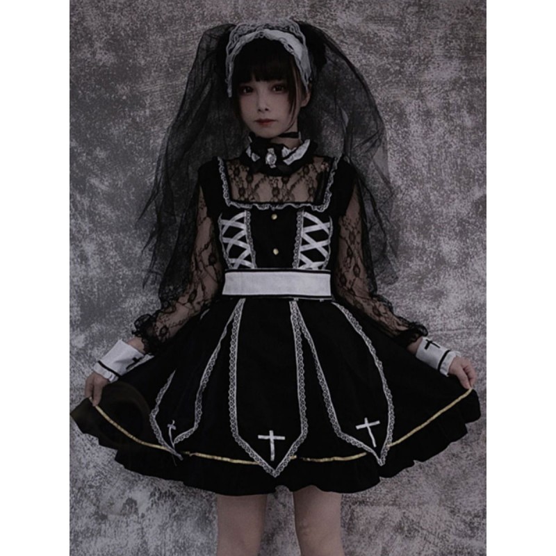 Gothic Lolita OP Dress Black Long Sleeves Lace Polyester Lolita One Piece Dress Outfit