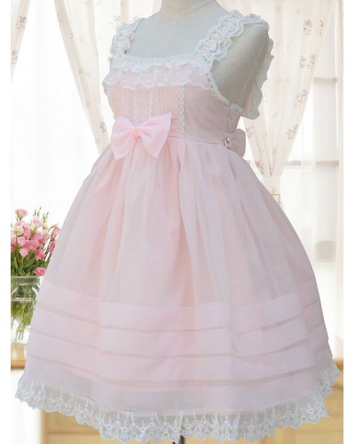 Lolita JSK Dress Organza Lace Bow Pink Lolita Jumper Skirt Sweet Spring Summer Fall Daily Casual Tea Party