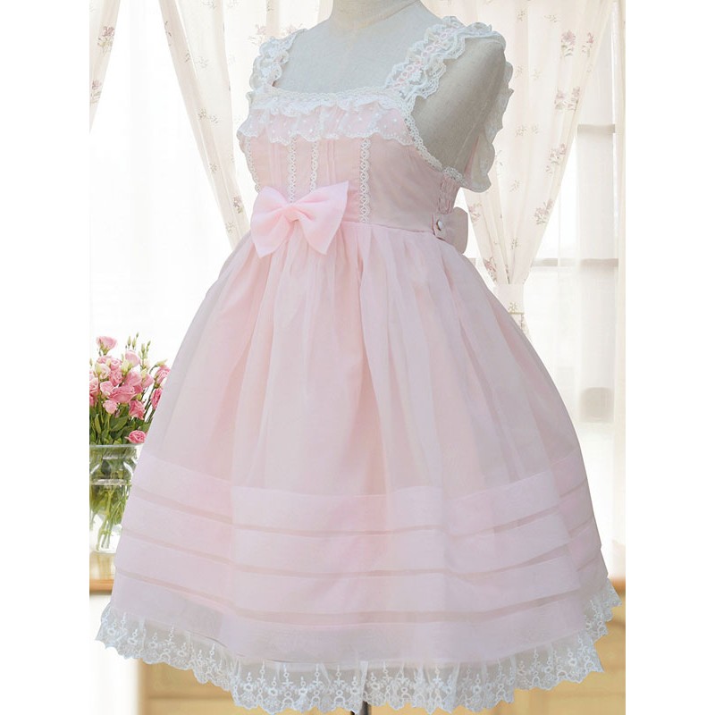 Lolita JSK Dress Organza Lace Bow Pink Lolita Jumper Skirt Sweet Spring Summer Fall Daily Casual Tea Party