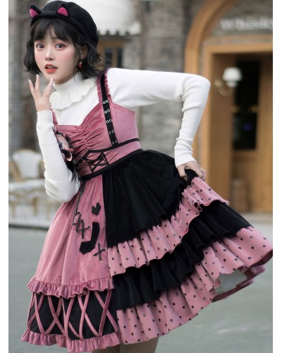 Sweet Lolita Outfits 3 Pieces Set Black Bows Ruffles Crewneck Long Sleeves Lolita Jumper Skirt