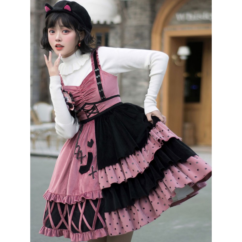 Sweet Lolita Outfits 3 Pieces Set Black Bows Ruffles Crewneck Long Sleeves Lolita Jumper Skirt