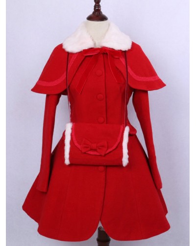 Classic Lolita Outfits Wool Long Sleeve Faux Fur Collar Ribbons Bows Red Dress Coat With Cape And Gloves Sets Classic  Traditional Tea Party