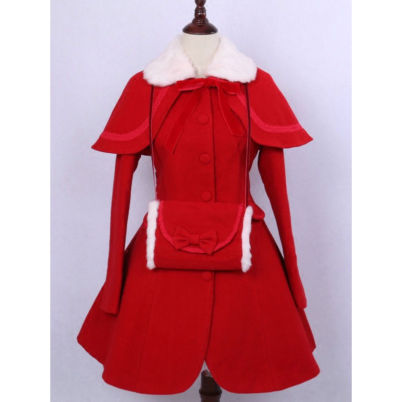 Classic Lolita Outfits Wool Long Sleeve Faux Fur Collar Ribbons Bows Red Dress Coat With Cape And Gloves Sets Classic  Traditional Tea Party