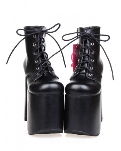 Black Lolita Booties Chunky Heel Platform Round Toe Lace Up Lolita Short Boots