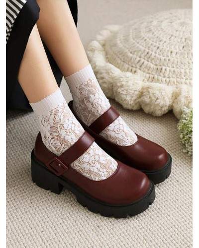 Lolita Footwear Burgundy PU Leather Chunky Heel Lolita Pumps Academic Daily Casual Tea Party