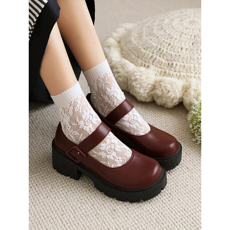 Lolita Footwear Burgundy PU Leather Chunky Heel Lolita Pumps Academic Daily Casual Tea Party