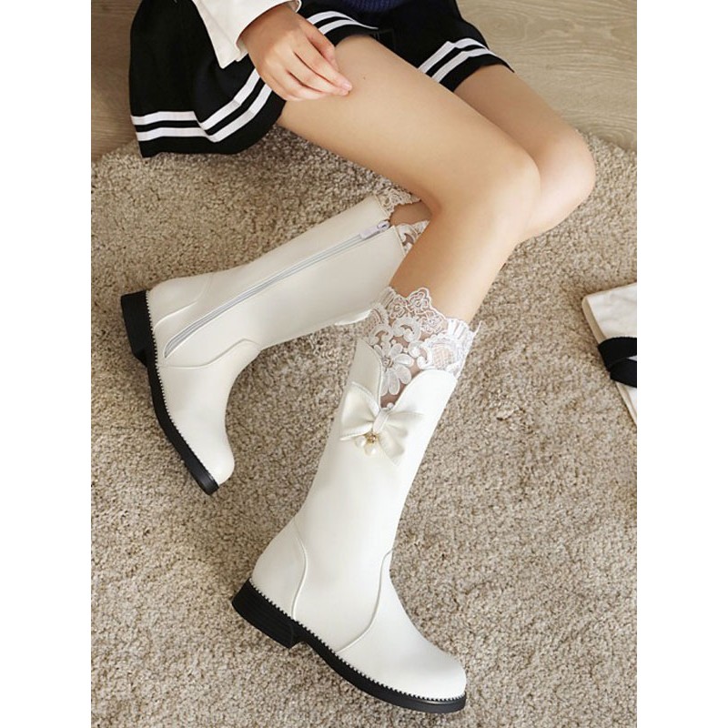 Lolita Boots Lace Bows Flat Round Toe Leather Lolita Shoes Daily Casual