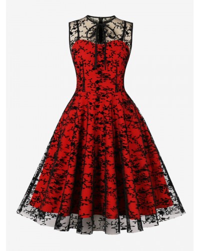 Dress Red Floral Print 1950s Audrey Hepburn Style Lace Sleeveless Crewneck Knee Length Rockabilly Dress Bodycon Retro Chic  Modern Casual Spring Summer Fall