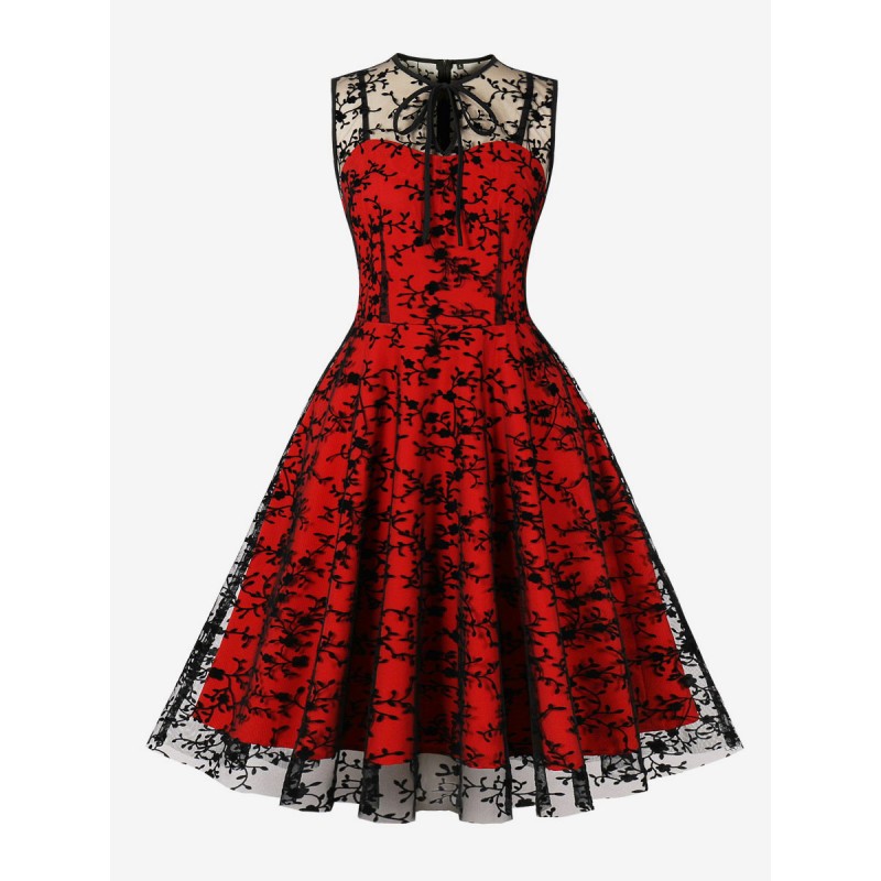 Dress Red Floral Print 1950s Audrey Hepburn Style Lace Sleeveless Crewneck Knee Length Rockabilly Dress Bodycon Retro Chic  Modern Casual Spring Summer Fall