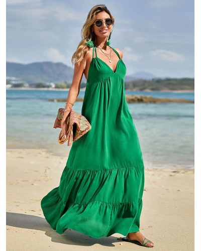 Dresses Green V-Neck Pleated Dress Summer Maxi Beach Resort Wear