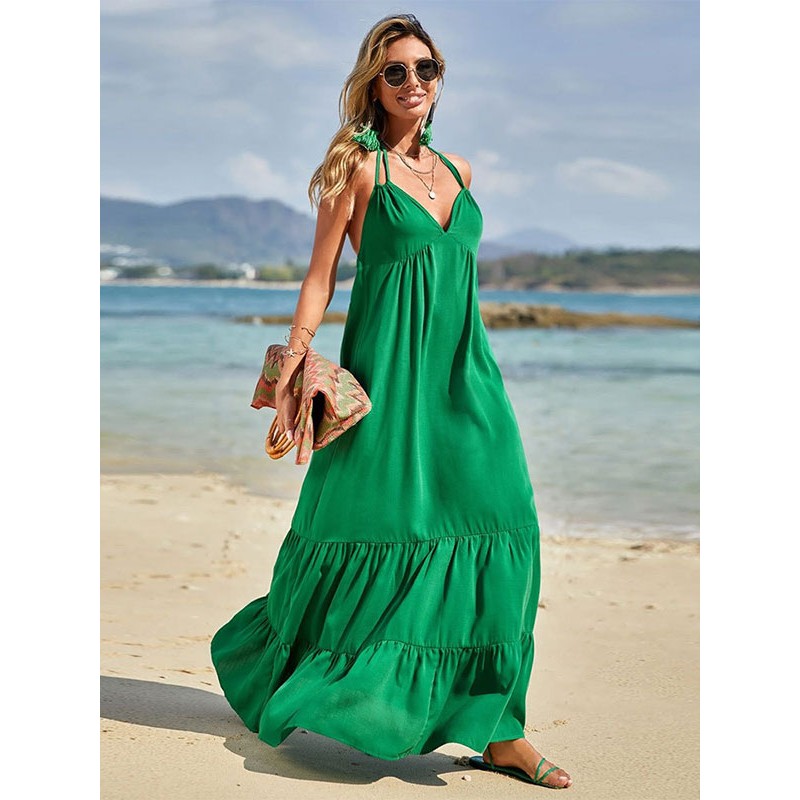 Dresses Green V-Neck Pleated Dress Summer Maxi Beach Resort Wear