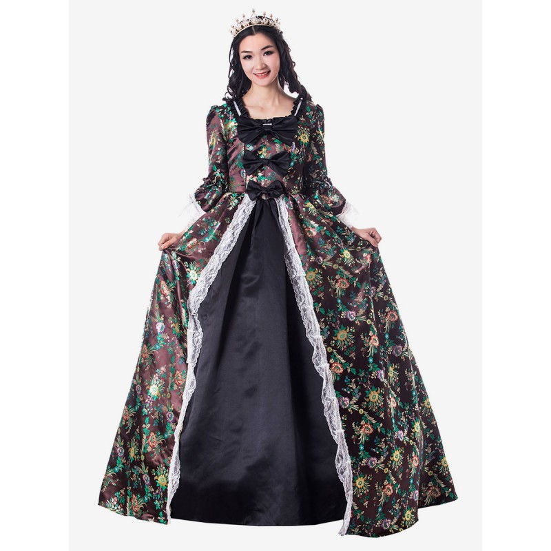 Women Victorian Dress Costume 's Black Floral Print Lace Ruffle Bows Matte Satin Halloween Dress Style Vintage Clothing Sets Victorian Era