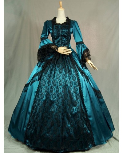 Women Victorian Dress Costume Long Sleeves Teal Ruffles Silk Long Sleeves Lace Dress Style Masquerade Ball Gown Retro Dress Victorian Era