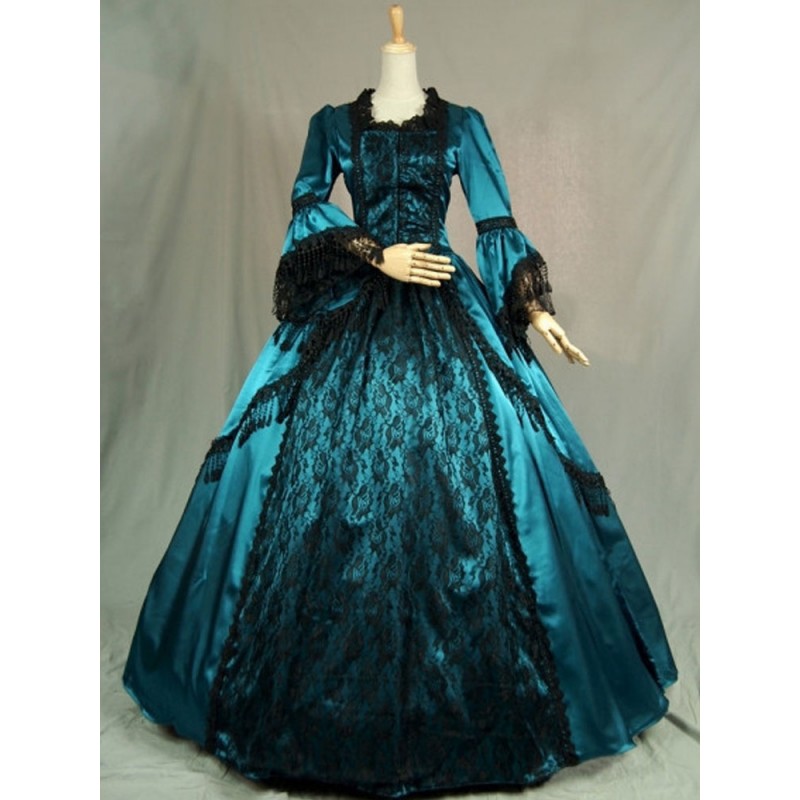 Women Victorian Dress Costume Long Sleeves Teal Ruffles Silk Long Sleeves Lace Dress Style Masquerade Ball Gown Retro Dress Victorian Era