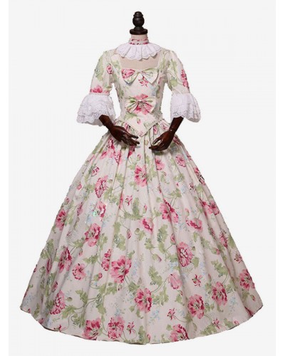 Women Light Apricot Costumes 's Floral Print Bows Ruffles Marie Antoinette Costume Polyester Choker Dress Vintage Clothing Tunic Retro